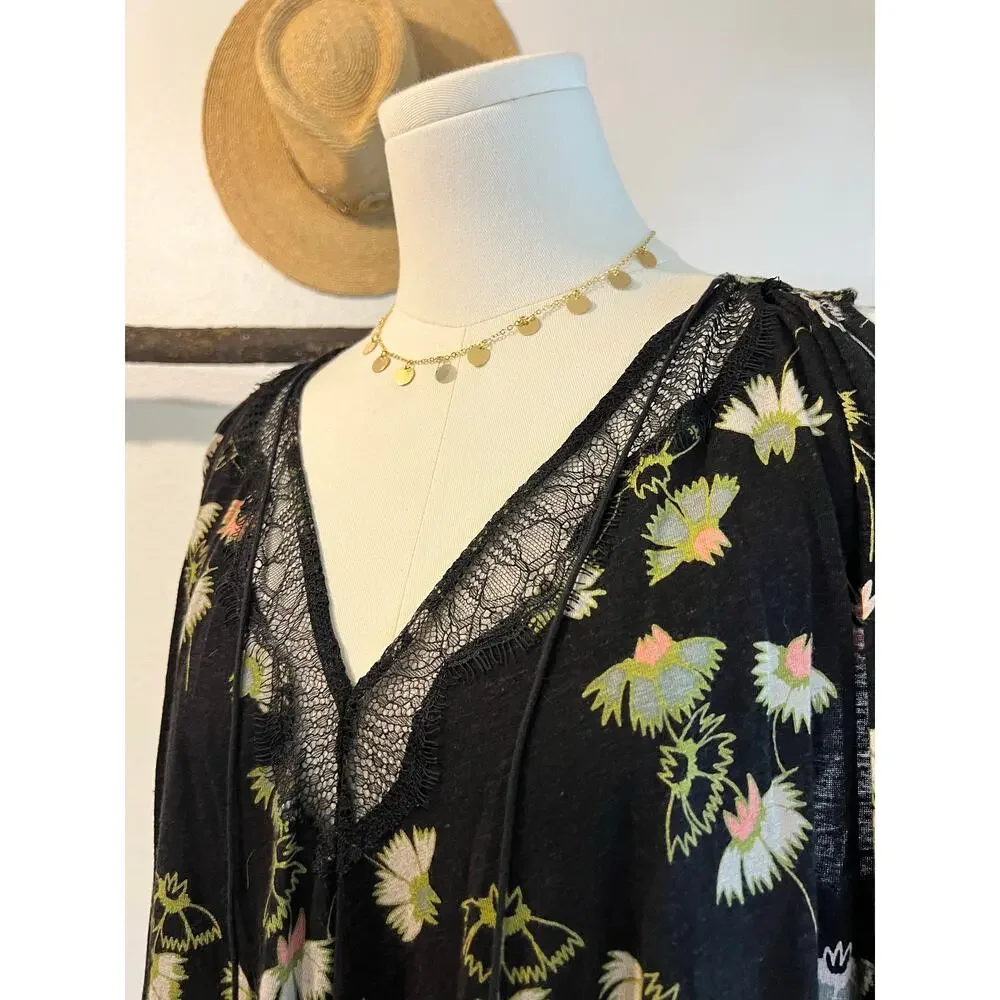 Free People Sleeveless Black Floral Print Tassel Oversized Tank Top Size XS